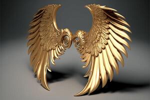verguld engel Vleugels Aan een wit achtergrond goud veren. generatief ai foto
