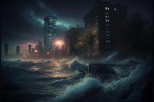 auto het rijden door een overstroomd stad Bij nacht. generatief ai. foto