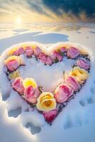 hart vormig arrangement van roze en geel rozen in de sneeuw. generatief ai. foto