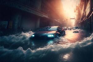 auto is het rijden door een overstroomd straat. generatief ai. foto