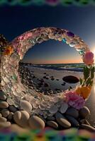 dichtbij omhoog van een circulaire voorwerp Aan een strand. generatief ai. foto