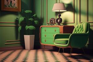 retro kamer interieur groen fauteuil retro patroon. generatief ai foto