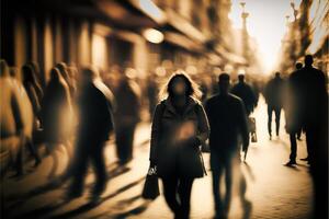 mensen wandelen in de straat wazig. generatief ai foto