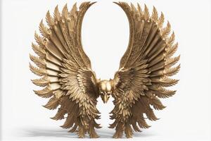 verguld engel Vleugels Aan een wit achtergrond goud veren. generatief ai foto
