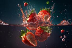 aardbeien en Strawberrie plakjes vallen. generatief ai foto