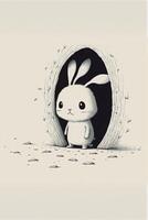zwart en wit tekening van een konijn in een gat. generatief ai. foto