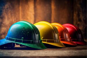 veelkleurig veiligheid bouw arbeider hoeden in een rij. generatief ai foto
