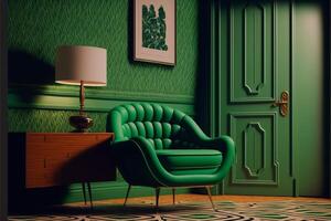 retro kamer interieur groen fauteuil retro patroon. generatief ai foto