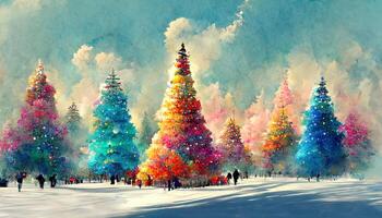 nieuw jaar en Kerstmis boom winter landschap achtergrond met sneeuwman kaart ontwerp. generatief ai foto