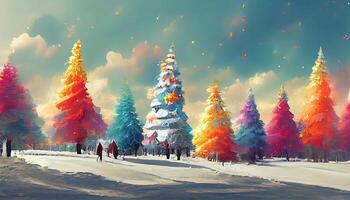 kleurrijk versierd Kerstmis bomen in winter landschap net zo romantisch Kerstmis illustratie. generatief ai foto
