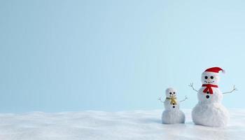 concept van Kerstmis wit gelukkig sneeuwman en baby sneeuwman met rood sjaal en de kerstman hoed Aan blauw achtergrond. 3d illustratie foto