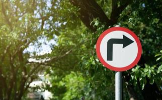 zwart kleur beurt links verkeer teken Aan groen tuin achtergrond. boom, weg teken, symbool foto