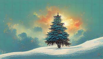 vrolijk Kerstmis groet kaart met boom in winter, gedetailleerd, gekleurd. generatief ai foto
