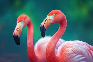 dichtbij omhoog portret van twee flamingo vogel Aan pastel gekleurde achtergrond. generatief ai foto