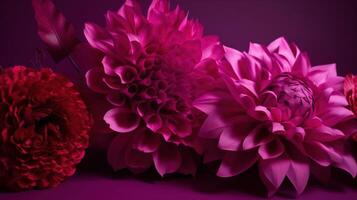 generatief ai, papier besnoeiing ambacht bloemen en bladeren, viva magenta kleur, bloemen origami getextureerde achtergrond, voorjaar humeur. fotorealistisch effect. foto