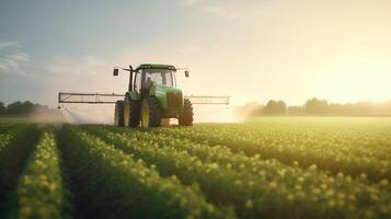 generatief ai, trekker sproeien een veld, boerderij landschap, agrarisch mooi platteland, land weg. natuur illustratie, fotorealistisch top visie horizontaal spandoek. foto