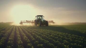 generatief ai, trekker sproeien een veld, boerderij landschap, agrarisch mooi platteland, land weg. natuur illustratie, fotorealistisch top visie horizontaal spandoek. foto