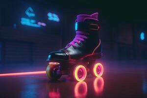 generatief ai, rol vleet in cyberpunk stijl, disco nostalgisch jaren 80, jaren 90. neon nacht lichten levendig kleuren, fotorealistisch horizontaal illustratie van de futuristische stad. sport werkzaamheid concept. foto