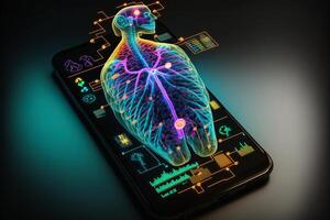 gezondheidszorg hologram Scherm Aan digitaal tablet, medisch technologie concept. generatief ai foto
