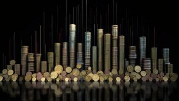 stad lichten flikkering achter torenhoog munt stapels, symboliseert rijkdom en financiën. generatief ai foto
