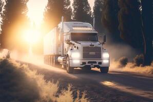 vracht vervoer vrachtauto Aan de weg Bij zonsondergang, generatief ai foto