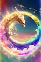 wit draak zittend Aan top van een regenboog gekleurde cirkel. generatief ai. foto