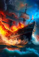 schilderij van een schip in een stormachtig zee. generatief ai. foto