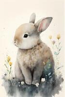 waterverf schilderij van een konijn zittend in de gras. generatief ai. foto