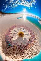 wit bloem zittend Aan top van een zanderig strand. generatief ai. foto