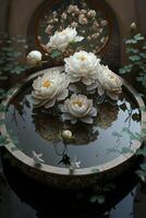 kom gevulde met wit bloemen zittend Aan top van een tafel. generatief ai. foto