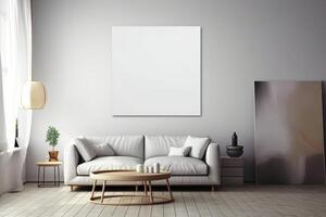 blanco wit canvas binnen van een leven kamer voor een muur kunst mockup illustratie met generatief ai foto