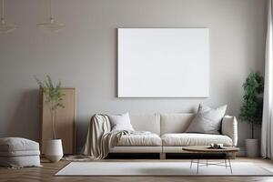blanco wit canvas binnen van een leven kamer voor een muur kunst mockup illustratie met generatief ai foto