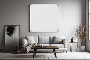 blanco wit canvas binnen van een leven kamer voor een muur kunst mockup illustratie met generatief ai foto