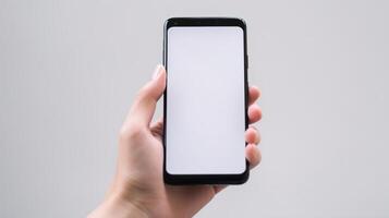 ai generatief hand- Holding smartphone met blanco scherm Aan grijs achtergrond. bespotten omhoog , foto