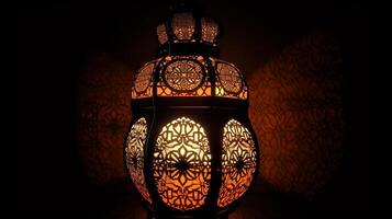 ai generatief traditioneel Arabisch lantaarn in de donker. Ramadan kareem achtergrond. selectief focus. foto