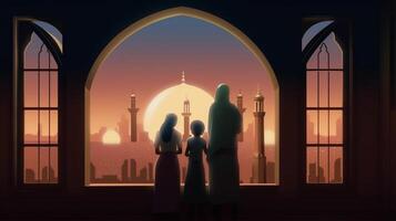 ai generatief moslim familie op zoek Bij moskee eid concept foto