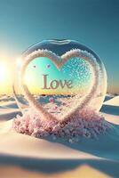sneeuw wereldbol in de vorm van een hart met de woord liefde geschreven binnen. generatief ai. foto