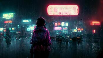 vrouw staand in de regen in een stad Bij nacht. generatief ai. foto