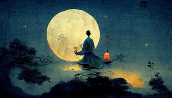 schilderij van een Mens Holding een lantaarn in voorkant van een vol maan. generatief ai. foto