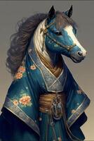 schilderij van een paard vervelend een blauw gewaad. generatief ai. foto