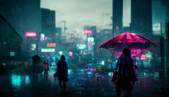 twee mensen wandelen in de regen met een paraplu. generatief ai. foto