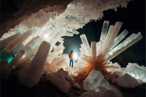 Mens staand binnen van een grot gevulde met ijs Kristallen. generatief ai. foto