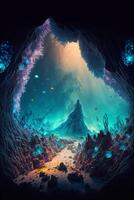 schilderij van een grot met een berg in de achtergrond. generatief ai. foto