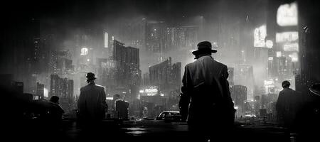 zwart en wit foto van een stad Bij nacht. generatief ai.