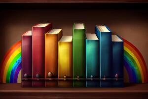 rij van oud boeken Aan regenboog plank. horizontaal achtergrond tafereel. generatief ai foto