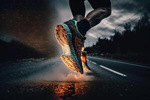 foto achter poten van atleet rennen Aan de weg spoor in zonsondergang opleiding voor marathons en geschiktheid. ai gegenereerd