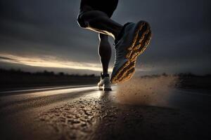 foto achter poten van atleet rennen Aan de weg spoor in zonsondergang opleiding voor marathons en geschiktheid. ai gegenereerd