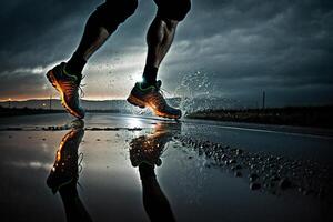 foto achter poten van atleet rennen Aan de weg spoor in zonsondergang opleiding voor marathons en geschiktheid. ai gegenereerd
