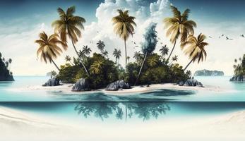 mooi tropisch eiland met palm bomen en strand panorama net zo achtergrond afbeelding, genereren ai foto