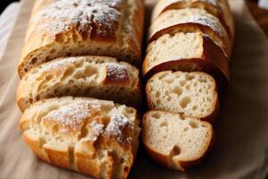 vers gebakken brood Aan een houten bord, close-up.bagel generatief ai foto